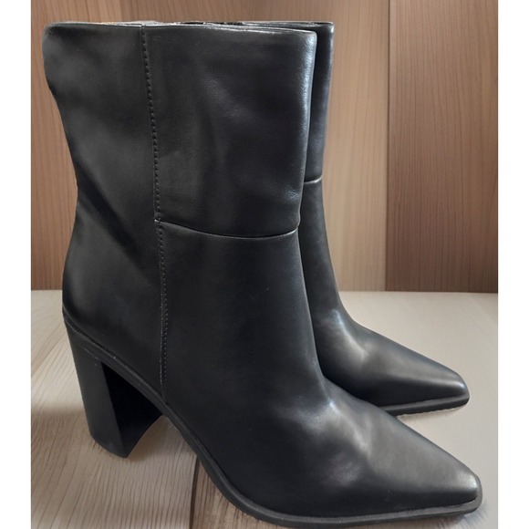Steve Madden Womens Silvee Snip Toe Block Heel Side Zip Leather Boots Black 10M - Picture 1 of 11